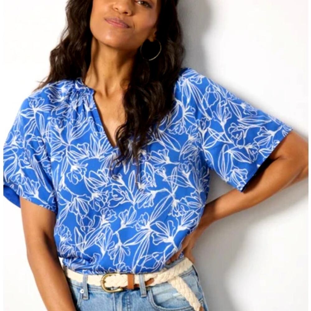 Evereve Rylee Top Womens XL Beaucoup Blue Floral Lyocell Casual Blouse